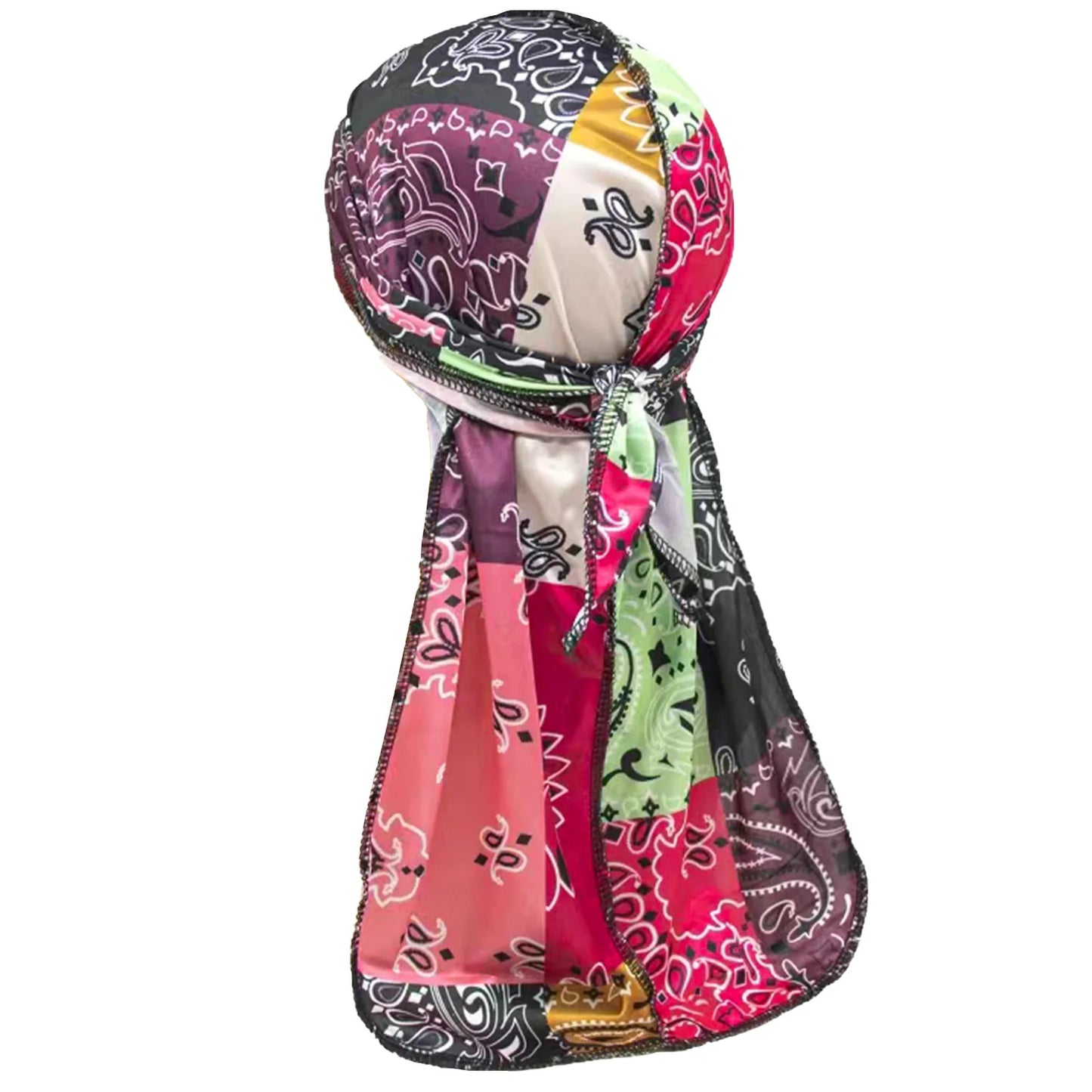 Colorful durag bandana print with various patterns on a white background