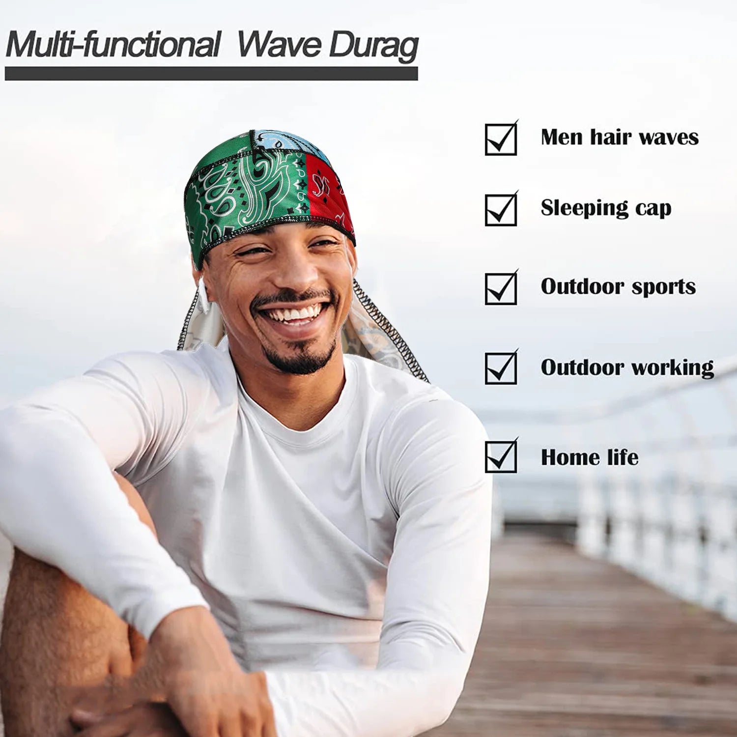 Man wearing a multi-functional wave durag with text listing its uses on a blurred background