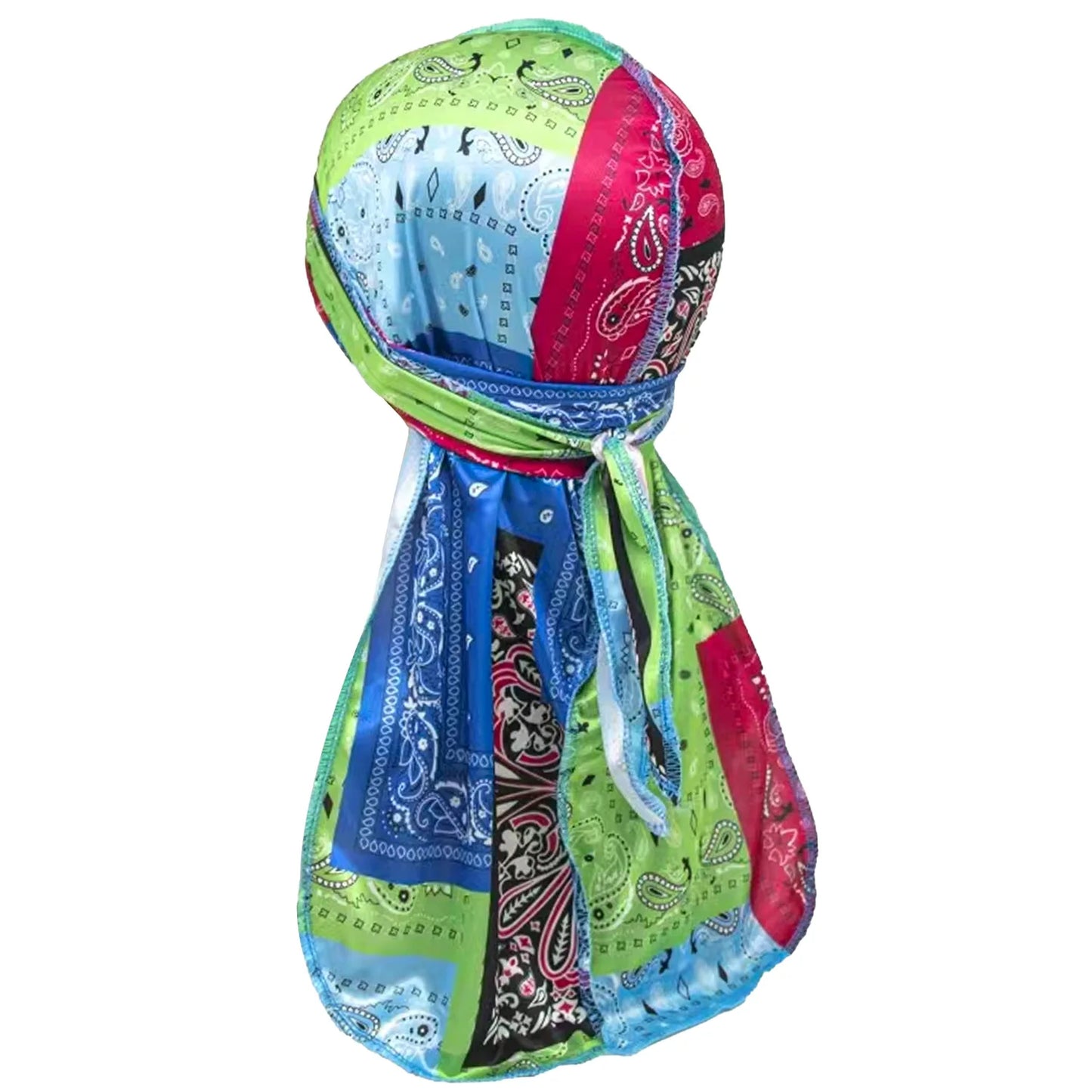 Colorful durag wave cap bandana-style head wrap on a white background.