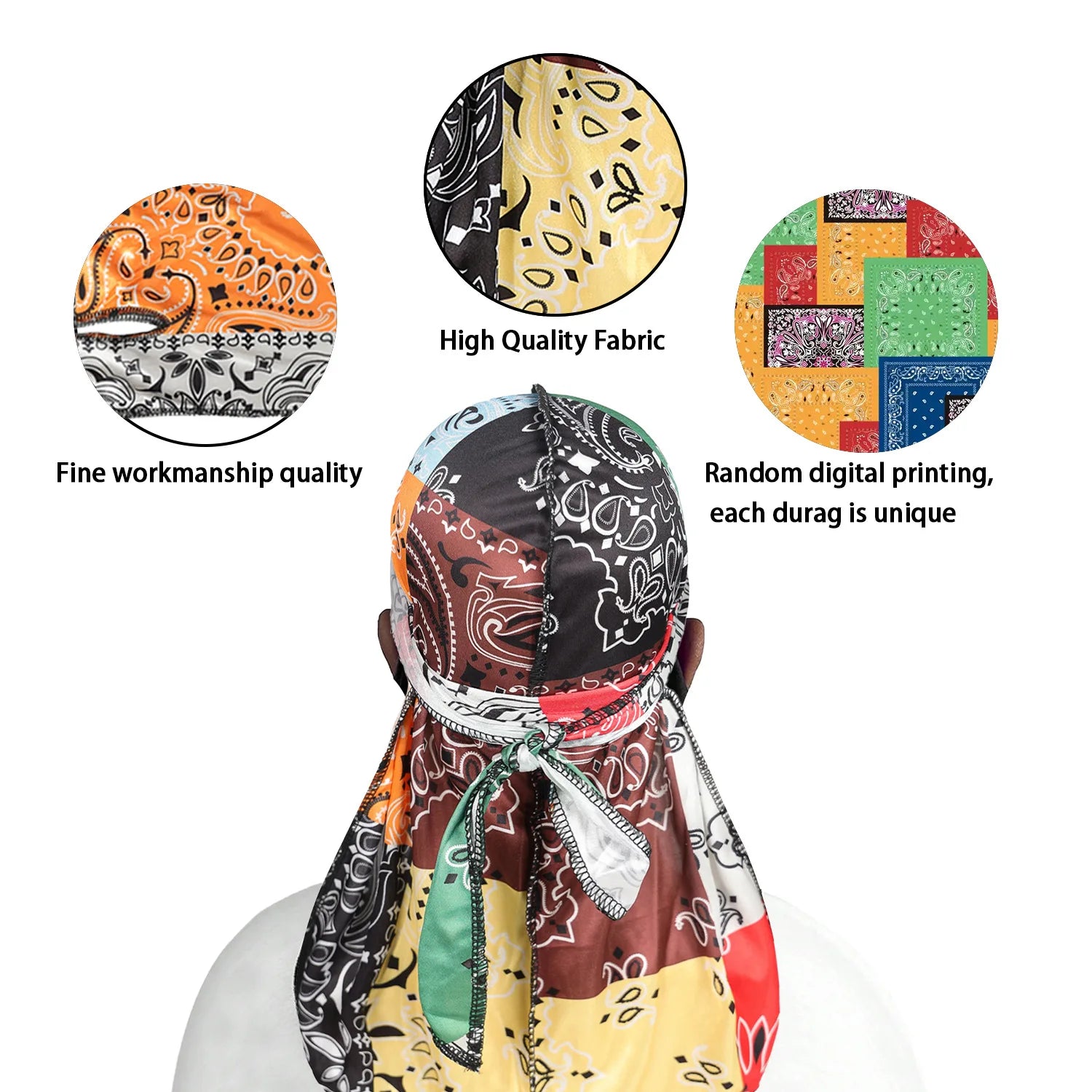 Colorful durag with various patterned sections on a white background