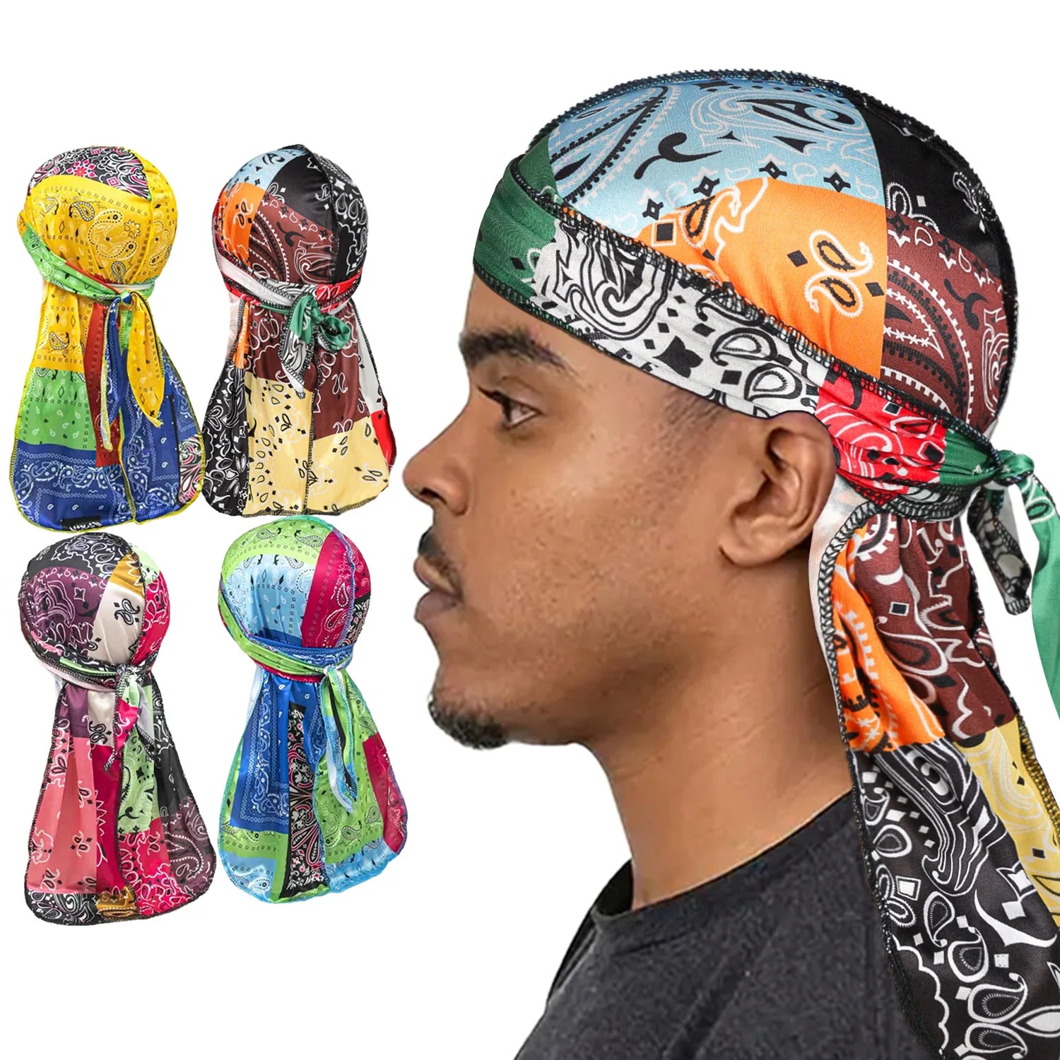 Man wearing a colorful bandana durag with additional bandana wraps displayed on a white background