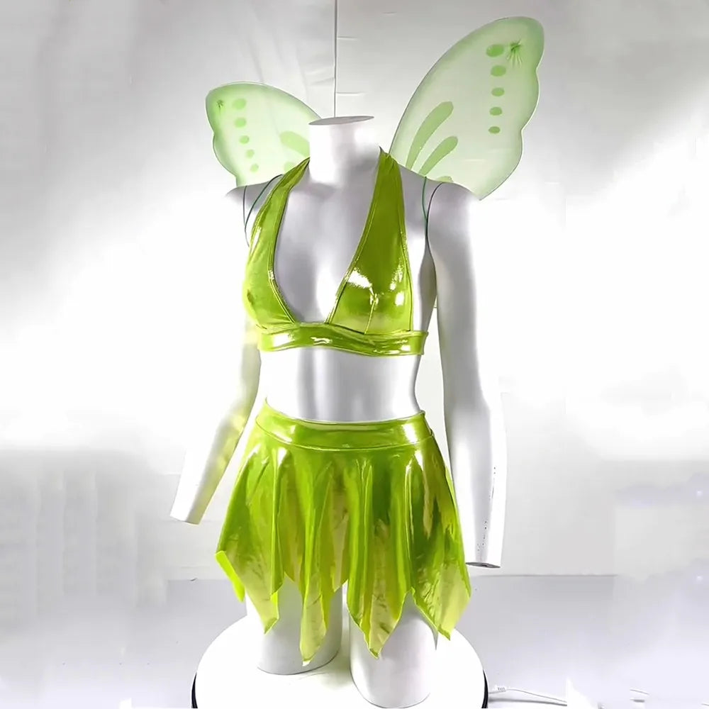 Mannequin wearing a green costume with butterfly wings on a white background