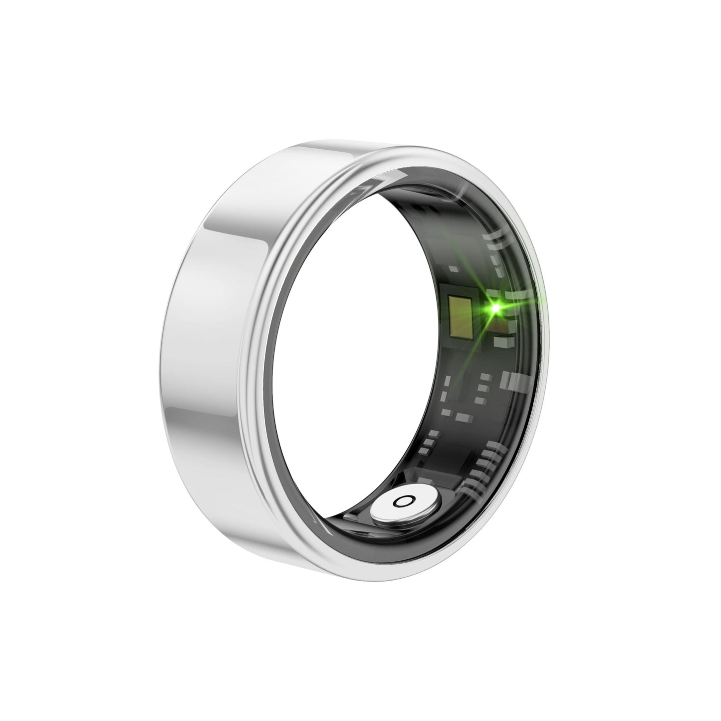 Silver smart ring with digital display on a white background