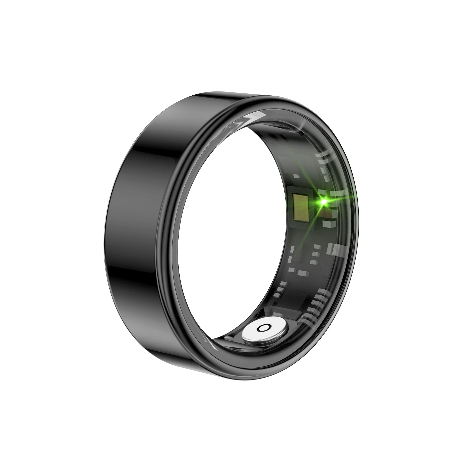 Black smart ring with green light on a white background