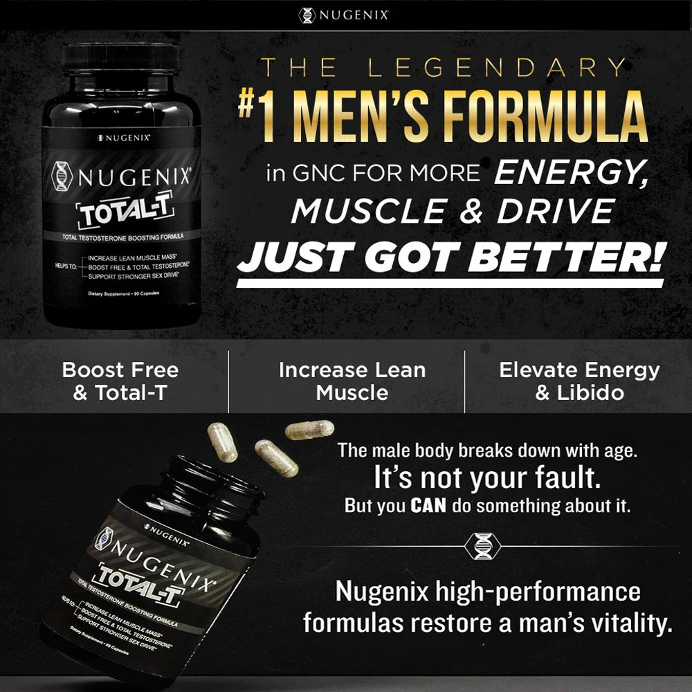 Advertisement for Nugenix Total-T supplement with text about energy, muscle, and drive.