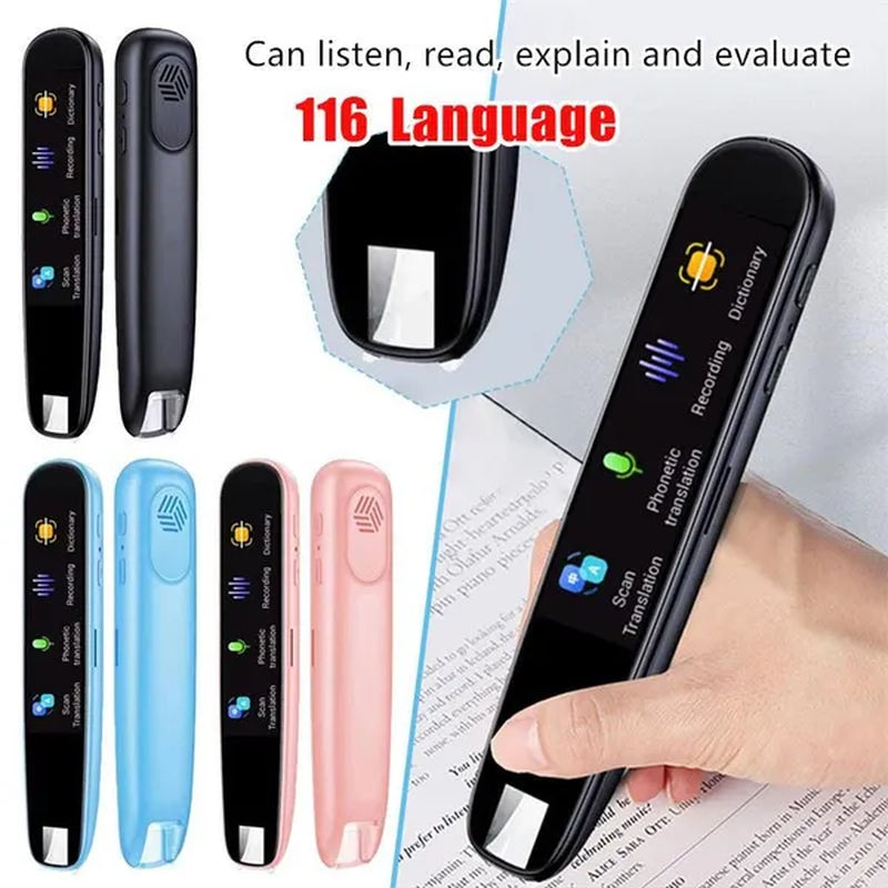 Translator Pen-Scanner: Intelligent Text Highlighter Translation Tool Scanner in all colors showcased with text discussing the 116 languages the translator is capable of listening to, reading, explaining and evaluating.