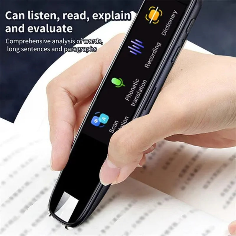 Close-up of Translator Pen-Scanner: Intelligent Text Highlighter Translation Tool Scanner showing screen and text discussing the comprehensive ability of the translation analysis.