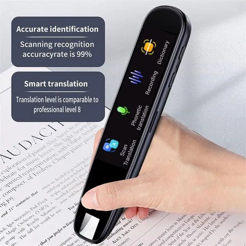 Translator Pen-Scanner: Intelligent Text Highlighter Translation Tool Scanner close up of hand guiding it across a book and text describing the accuracy and smart translation features.