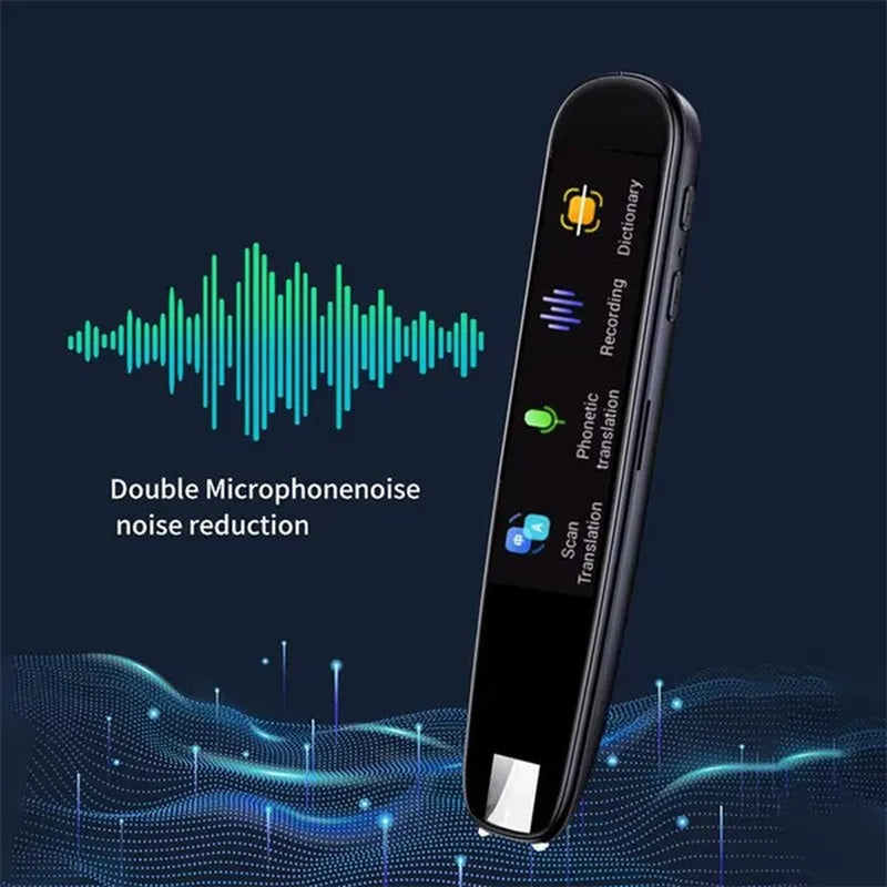 Translator Pen-Scanner: Intelligent Text Highlighter Translation Tool Scanner displaying the options on the digital screen next to text overlay reading "Double Microphone noise reduction" and soundwave elements over a midnight blue background.