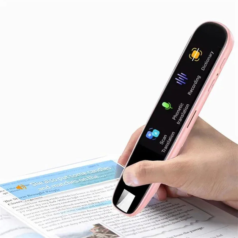 Pink Translator Pen-Scanner: Intelligent Text Highlighter Translation Tool Scanner in action, featuring a close up of a hand using the translation scanner to interpret a book.
