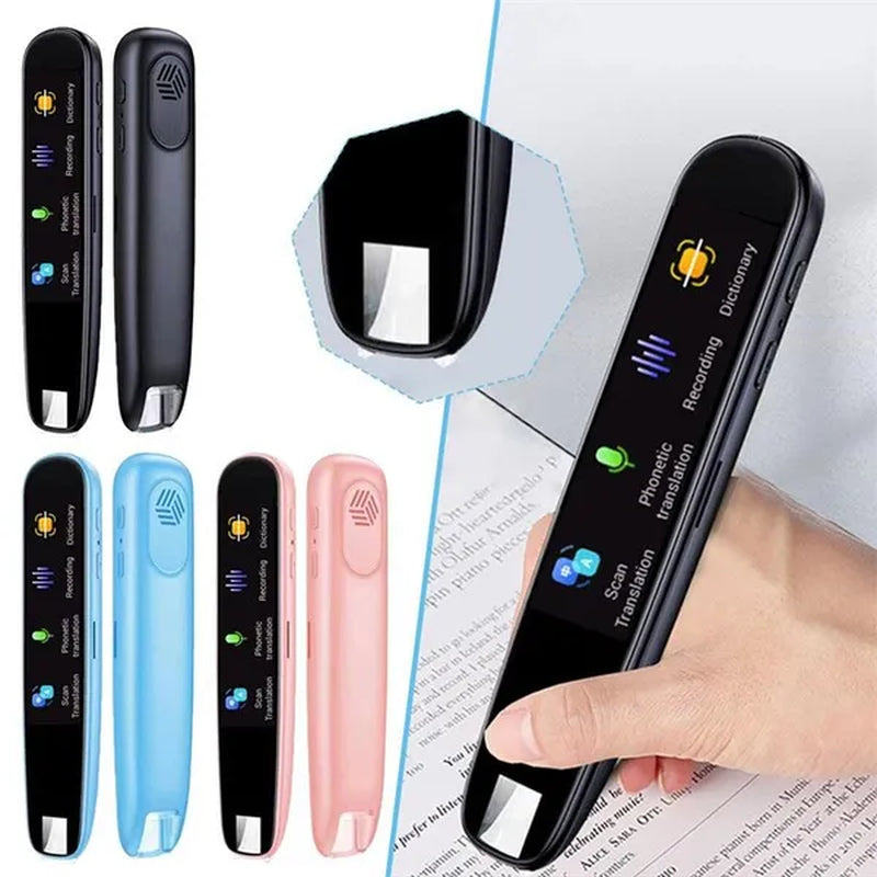 All colors of Translator Pen-Scanner: Intelligent Text Highlighter Translation Tool Scanner displaying front and back, on one side and an action shot of translator pen in use to the right, with a close of the scanning head in the center.