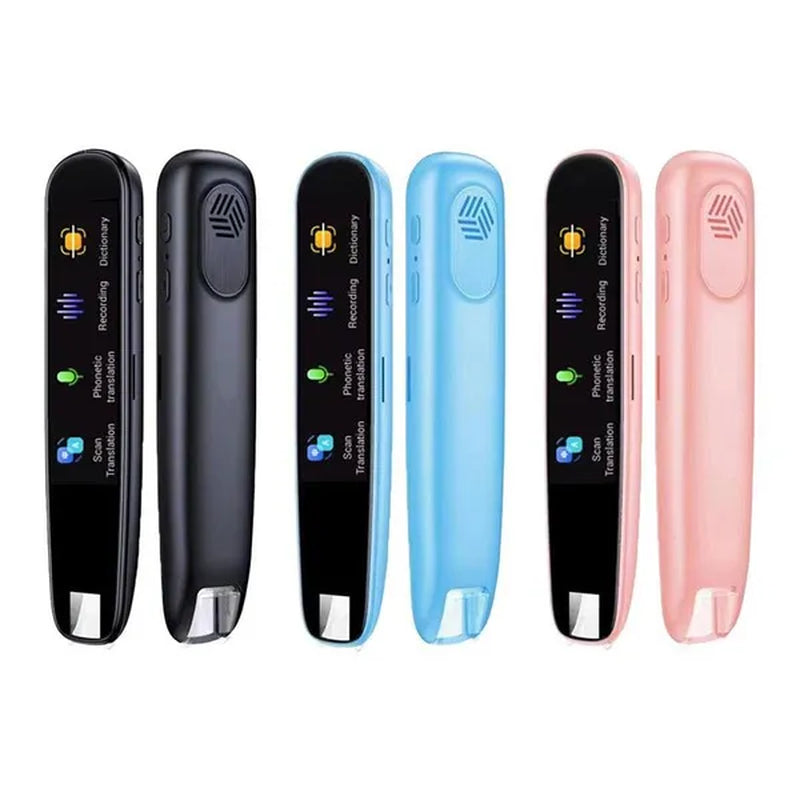 Black, pink and light blue Translator Pen-Scanner: Intelligent Text Highlighter Translation Tool Scanners displaying front and back, over a white background.