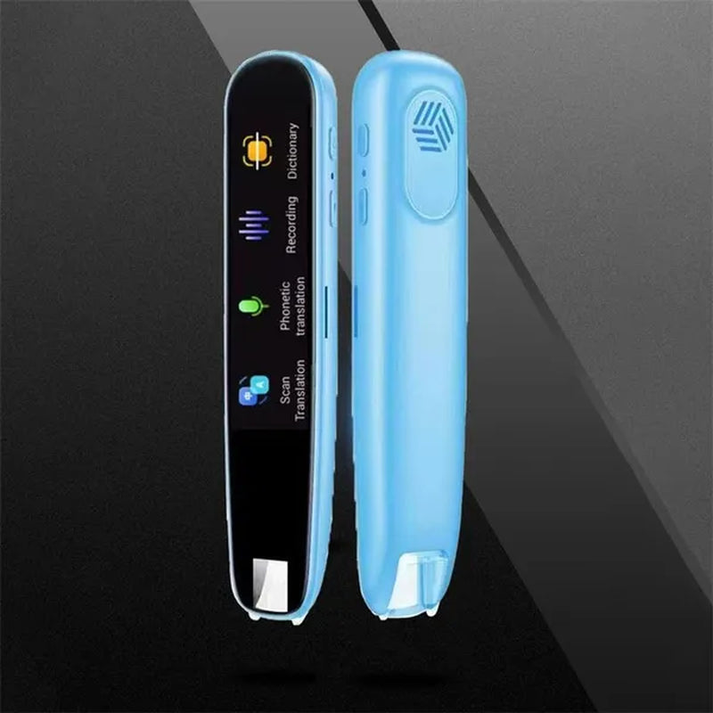 Light blue Translator Pen-Scanner: Intelligent Text Highlighter Translation Tool Scanner displaying front and back, over a black gradient background.