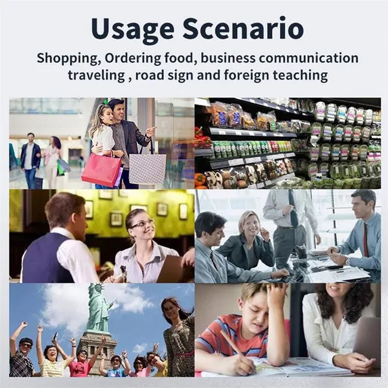 Several usage scenarios for the Translator Pen-Scanner: Intelligent Text Highlighter Translation Tool Scanner displayed and text overlay describing use cases for shopping, ordering food, business communication, traveling road signs and teaching.