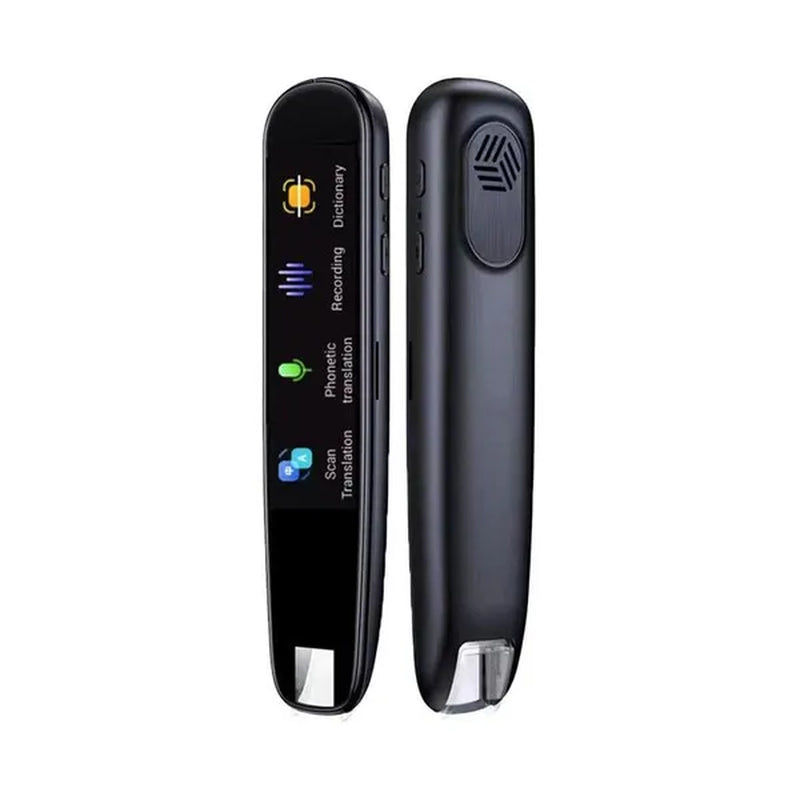 A black handheld translator pen-scanner with a display and buttons, designed for language translation and communication.