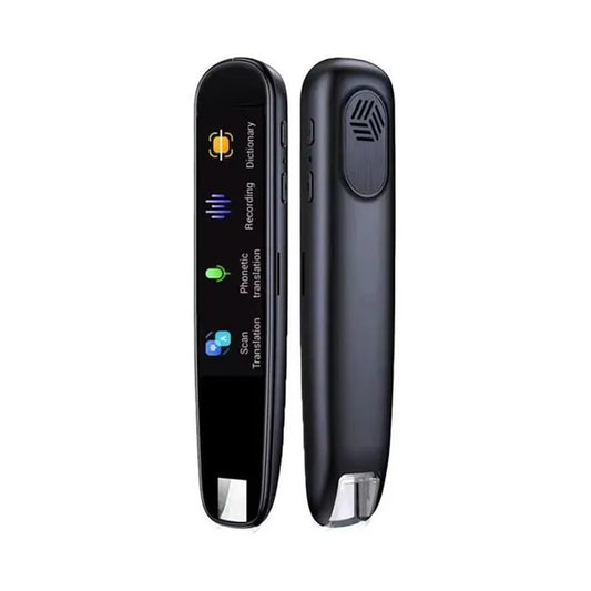 A black handheld translator pen-scanner with a display and buttons, designed for language translation and communication.