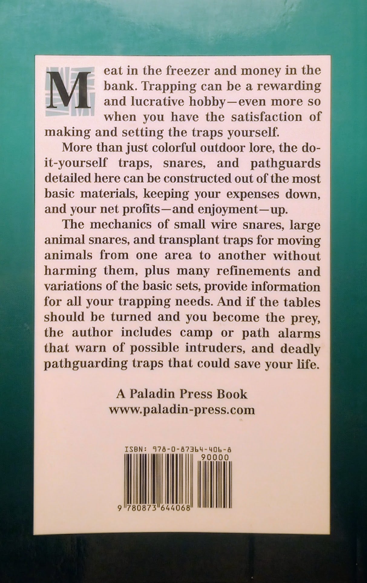 Back cover of a Trapper's Bible with book description and a barcode on a green background