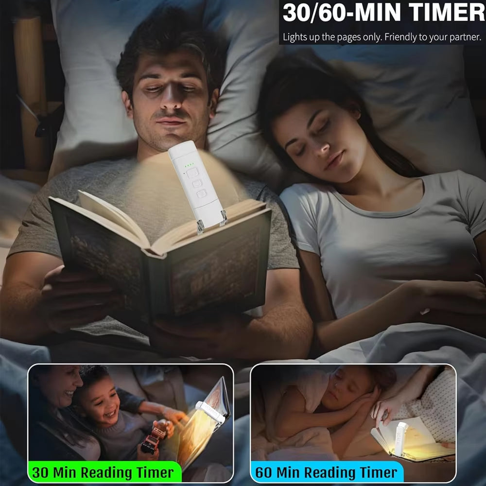 Man and woman laying in bed. Woman sleeping undisturbed while man is using clip-on book light to read in the dark. Additional images at photo footer display reading timer power options.