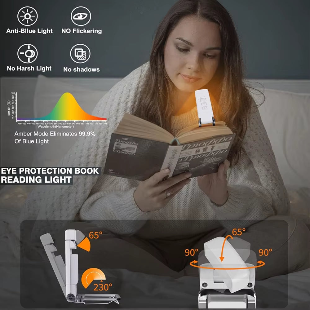Woman in blanket reading book in the dark using the TravelPro clip-on booklight for soft light for reading. 