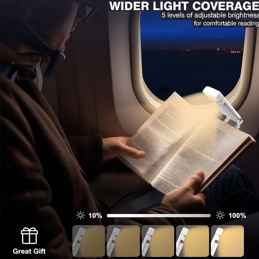Person reading a book with a light attached to the page, showing adjustable brightness levels.