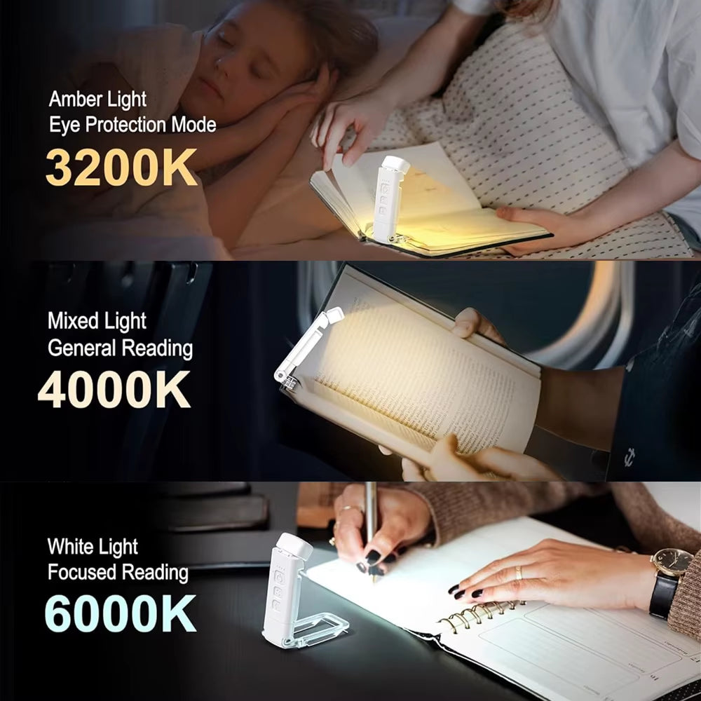 Three panels showing features of the clip-on booklight. Top mentions 3200k amber light protection and a child sleeping while being read to. Middle panel shows 4000k setting with someone using clip-on light to read in dark airplane seat. Bottom panel displays the 6000k setting while light is propped up for a person to write in notebook and work with full illumination.