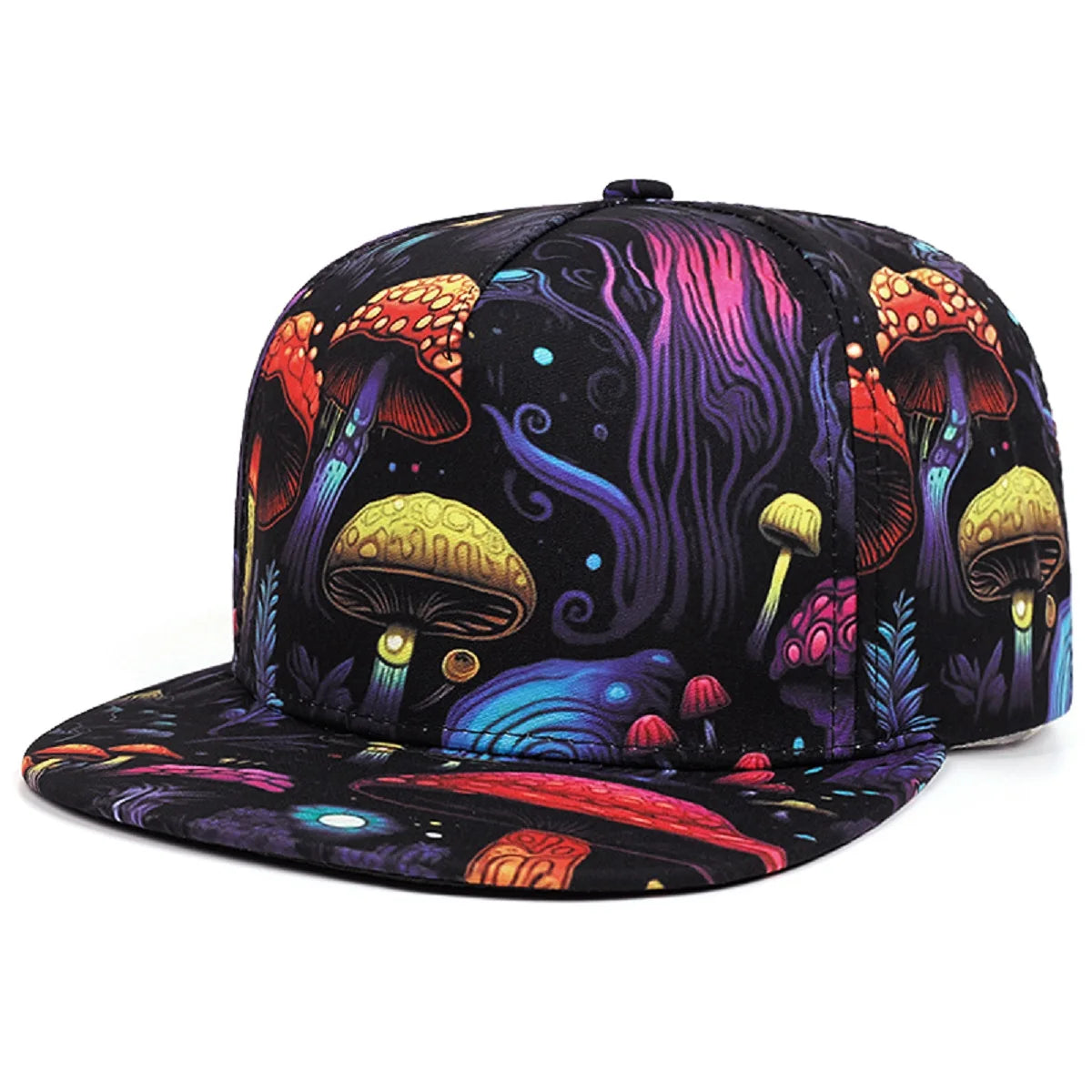 Close up tilted angle view of 'Trippy Mushroom Snapback | OSFA Psychedelic Hats & Headwear' on a white background.