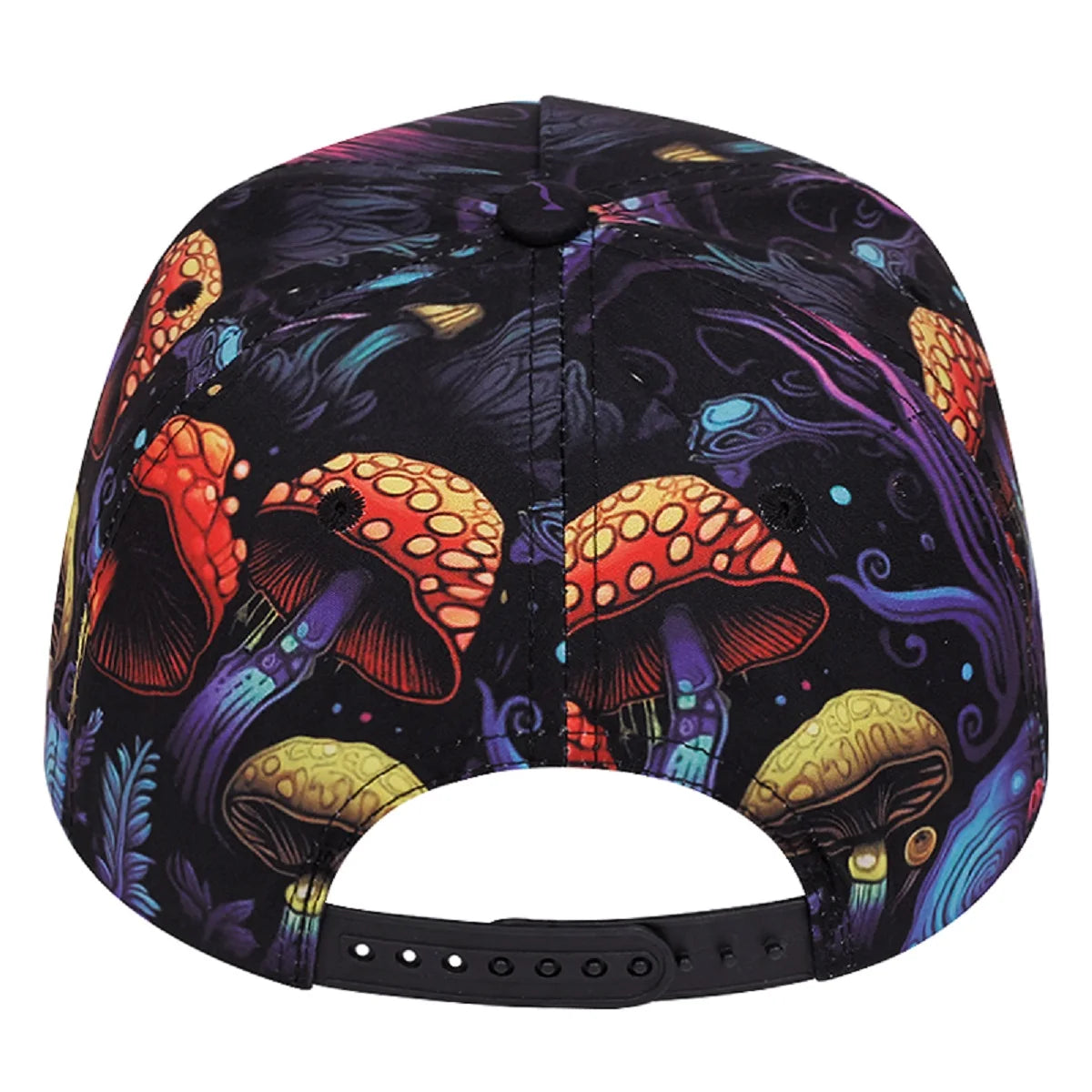 Close up back angle view of 'Trippy Mushroom Snapback | OSFA Psychedelic Hats & Headwear' showing snap across a white background.