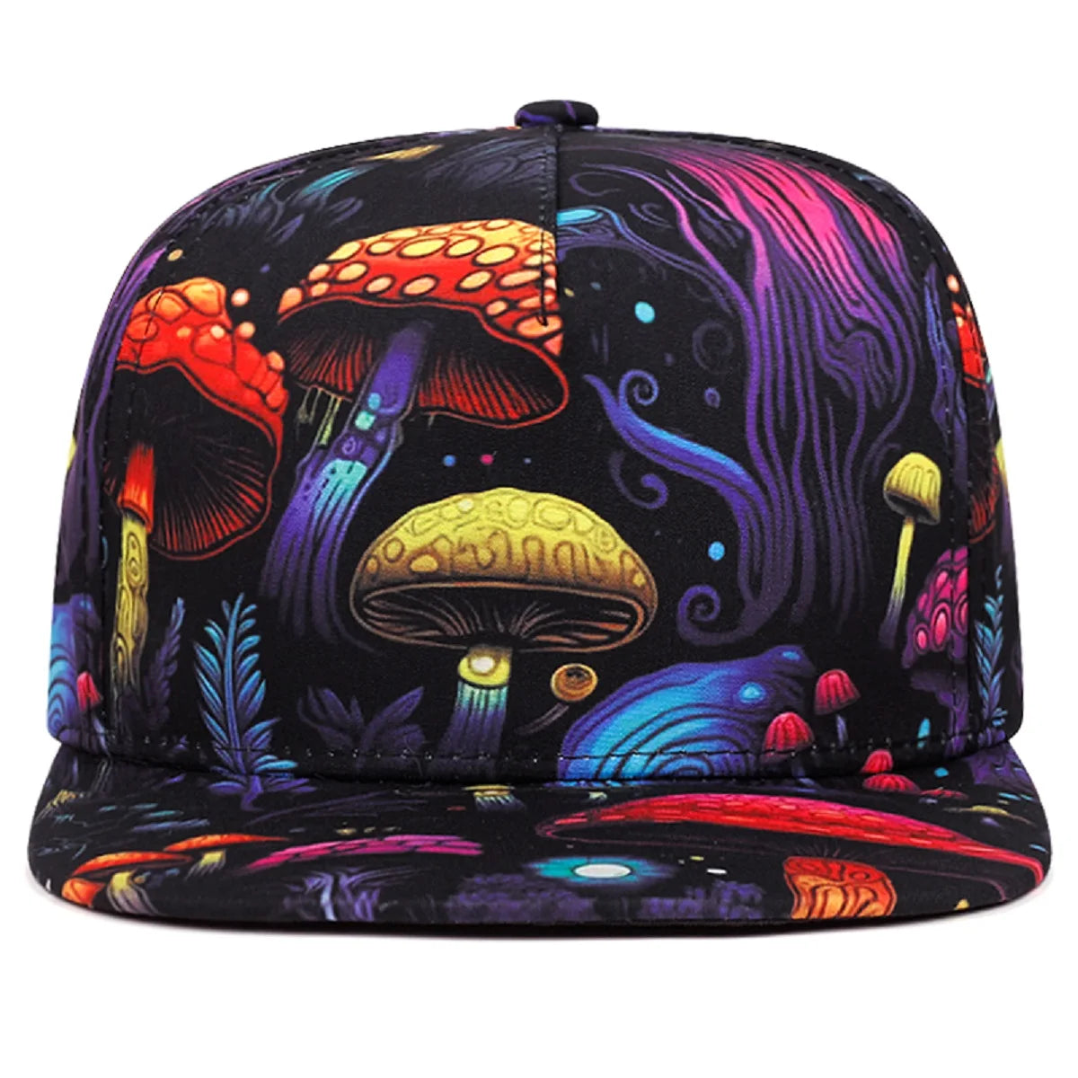 Close up front angle view of 'Trippy Mushroom Snapback | OSFA Psychedelic Hats & Headwear' in front of a white background.