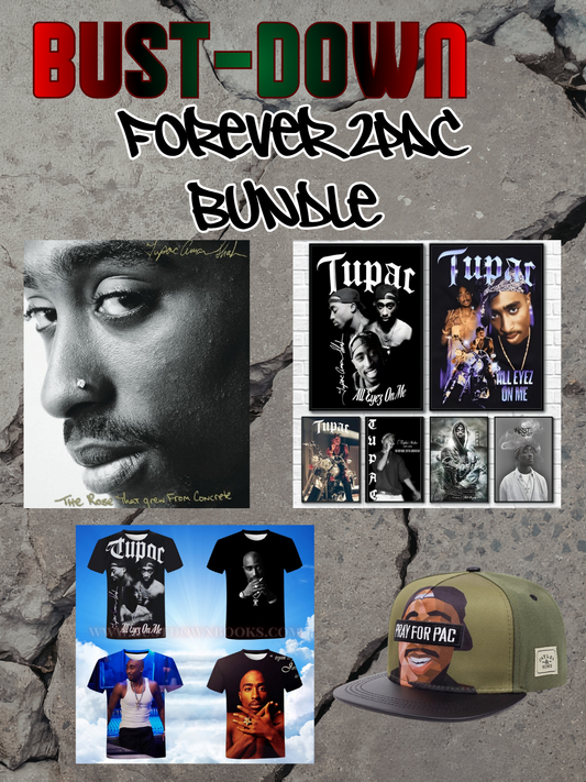 Promotional graphic for a Tupac merchandise bundle with images and text on a textured background.