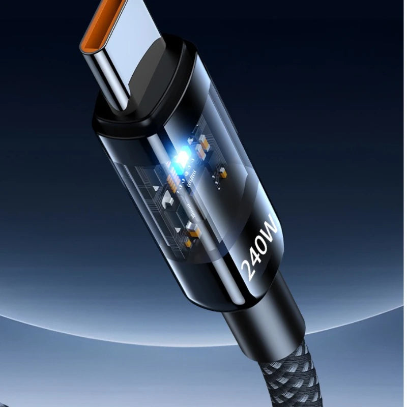 Close-up of a high-power cable connector with '240W' marking on a gradient blue background