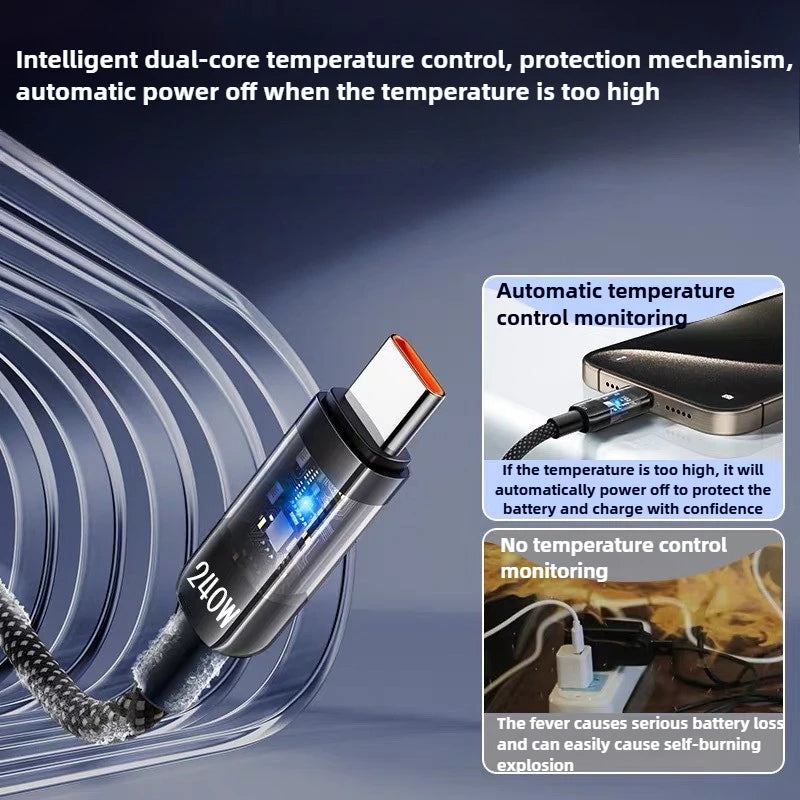 Turbo Charge Type-C cable glowing blue, indicating super fast charging active.