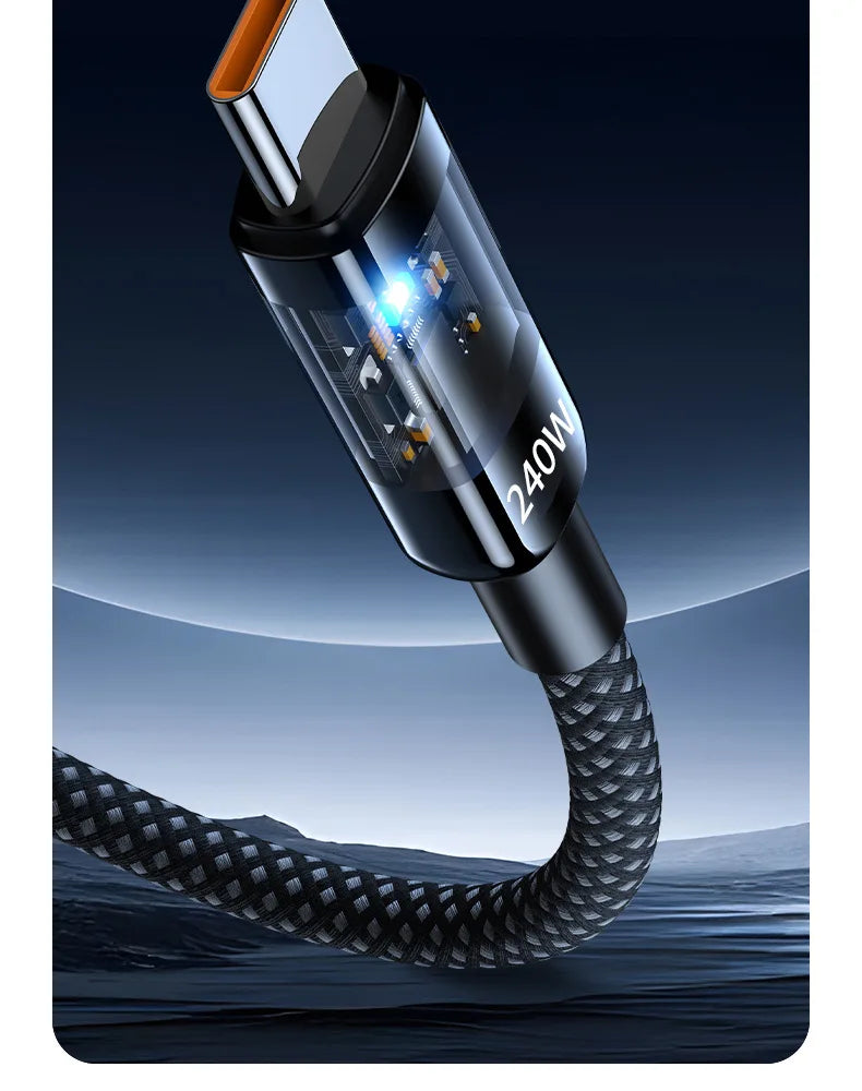 Turbo Charge Type-C cable glowing blue, indicating super fast charging active.