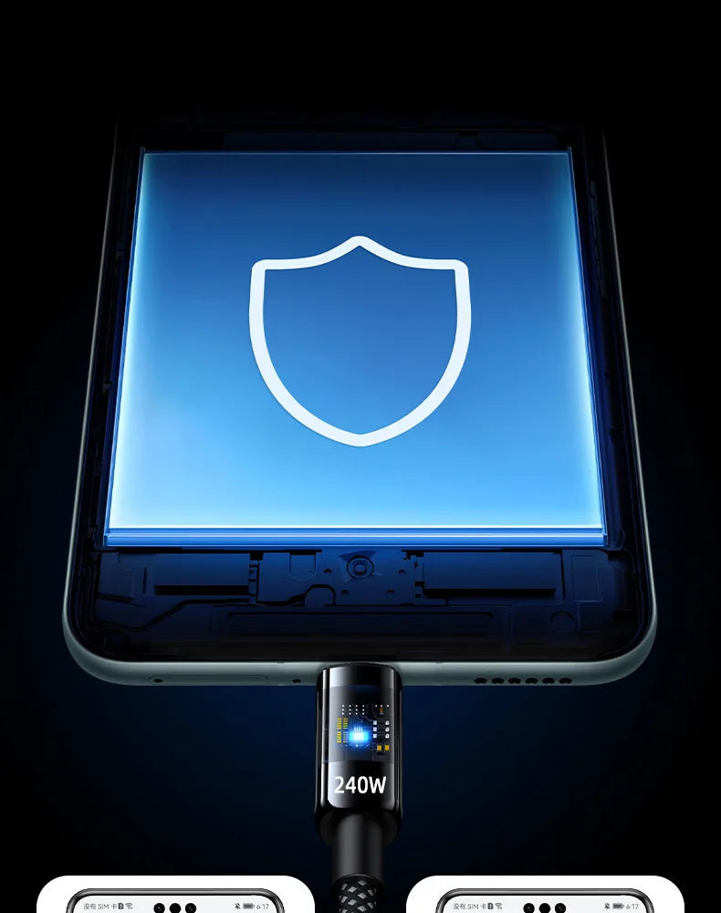 Turbo Charge Type-C cable glowing blue, indicating super fast charging active.