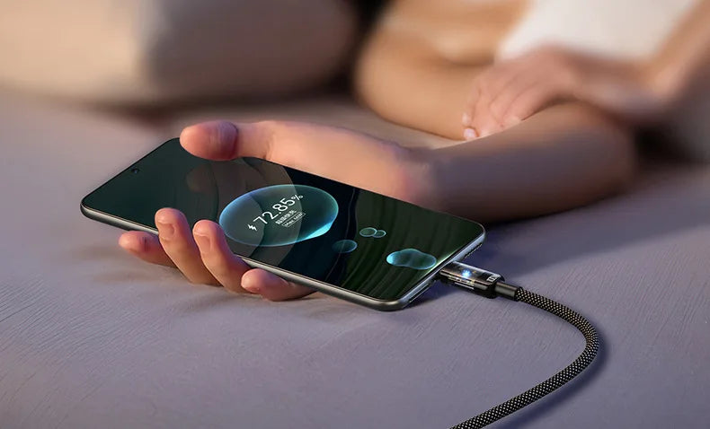 Turbo Charge Type-C cable glowing blue, indicating super fast charging active.