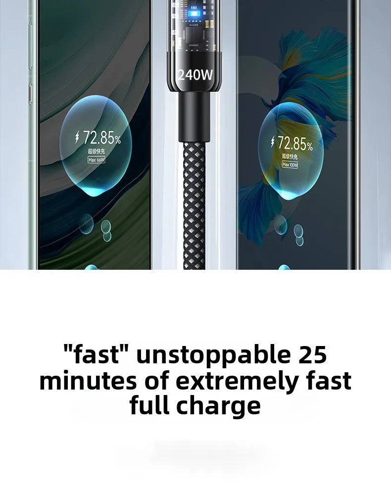 Phone with charging cable displaying fast charging text and percentages.