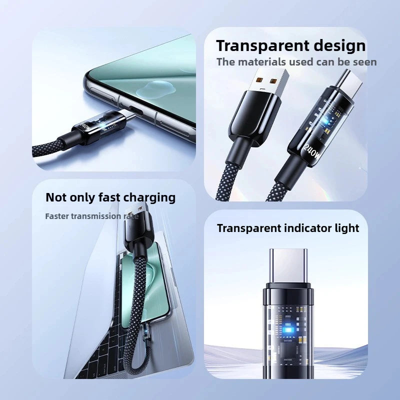 Smartphone charging cable with features highlighted on a light blue background