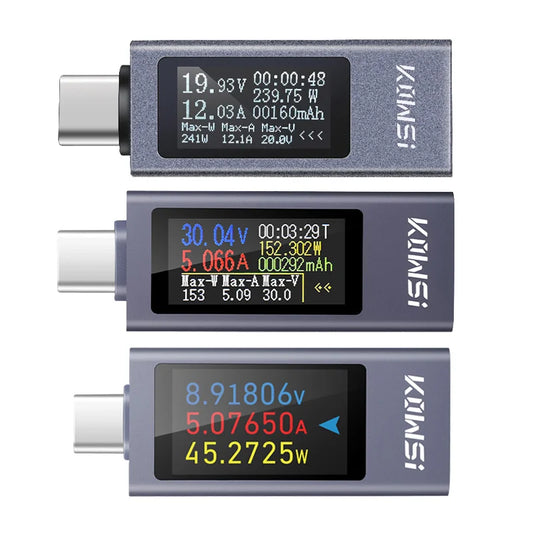 Three digital multimeters displaying voltage and current measurements on a white background
