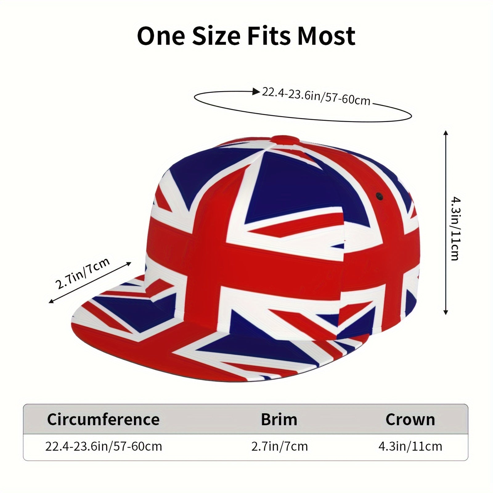 Union Jack patterned cap with size chart on a white background