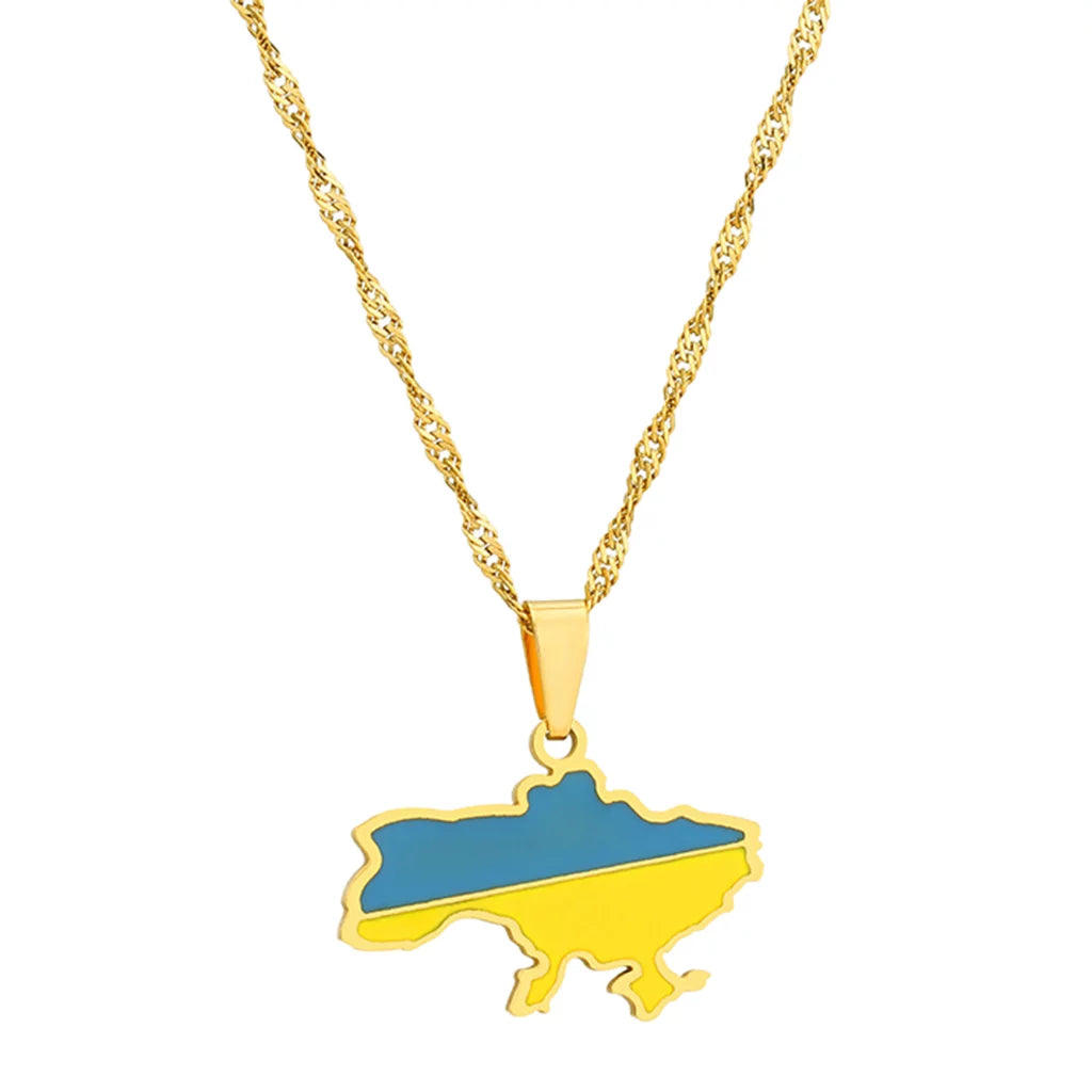 Ukrainian solidarity symbol map pendant necklace in gold with a pendant shaped like the map of Ukraine.