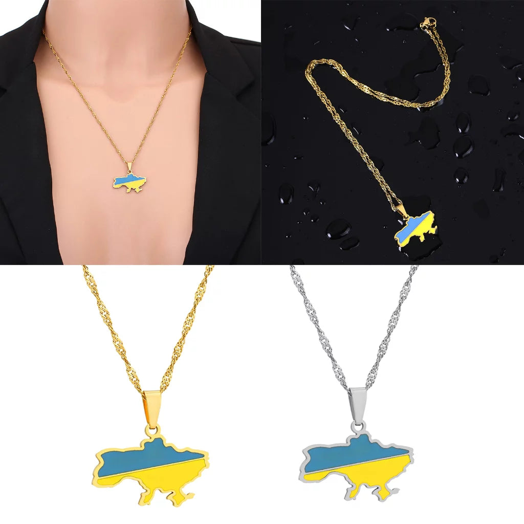 Ukraine Map Necklace shown in gold and silver color options and one photo with it covered in water displaying it's anti-tarnishing properties and another photo of a woman wearing it, exemplifying the stylistic elegance. 