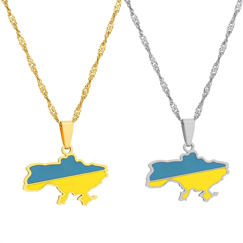 Ukrainian Solidarity Symbol Map Pendant Necklaces in gold and silver colors, side-by-side, on a white background.