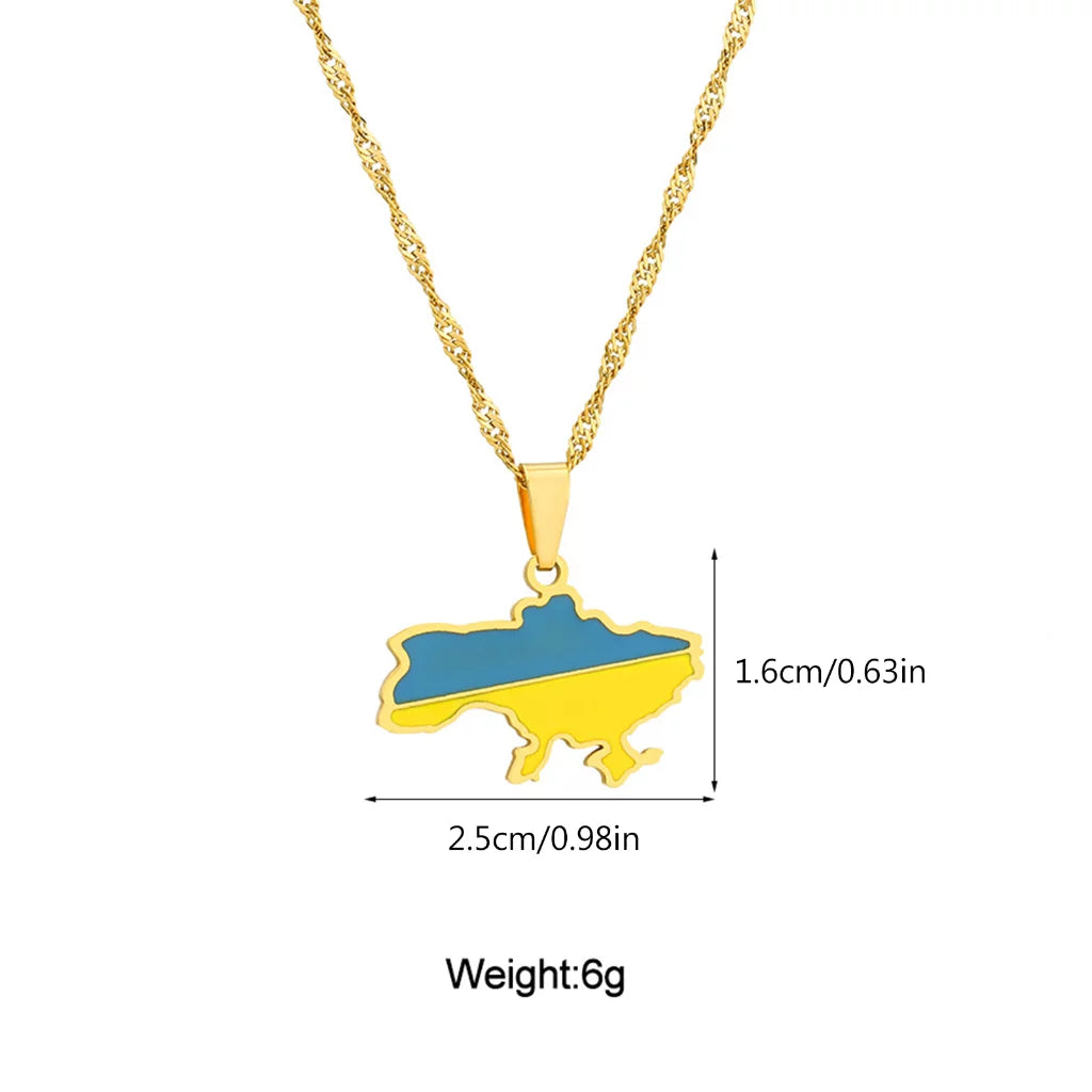 Ukrainian Solidarity Symbol Map Pendant Necklace on white background showing dimensions chart for pendant size.