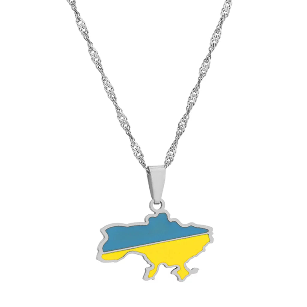 Ukrainian Solidarity Symbol Map Pendant Necklace shown in silver color option over white background.