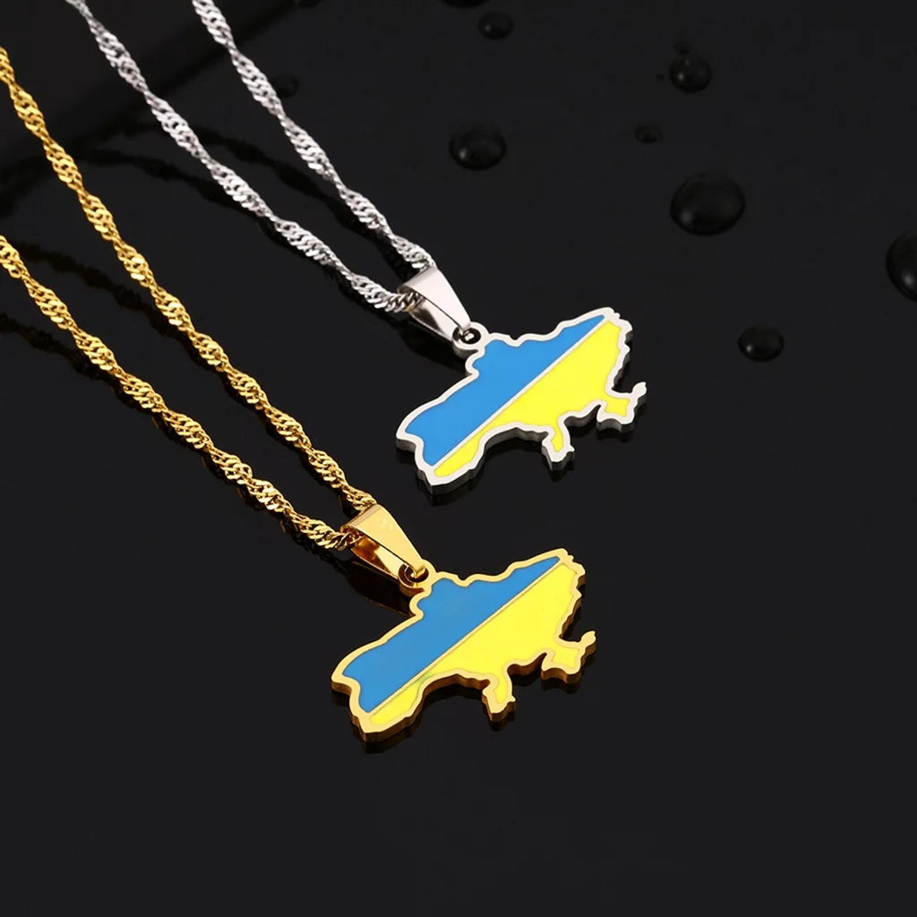 Two Ukrainian solidarity symbol map pendant necklaces, one in gold and the other in silver, each with a pendant shaped like the map of Ukraine.