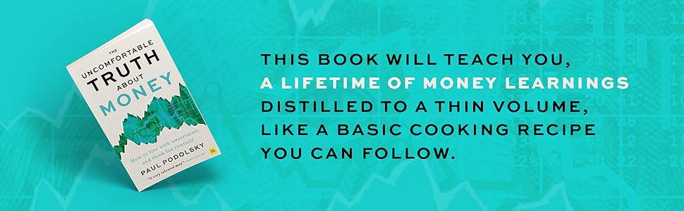 Book 'The Truth About Money' on a teal background with promotional text.