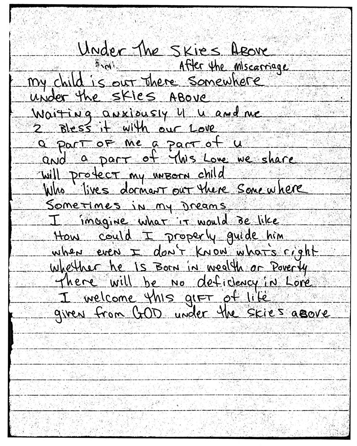 Handwritten poem titled "Under the Skies Above (After the Miscarriage)" written by Tupac Shakur from the Poetry Book Collection "The Rose that Grew from Concrete" by 2Pac Amaru Shakur.
