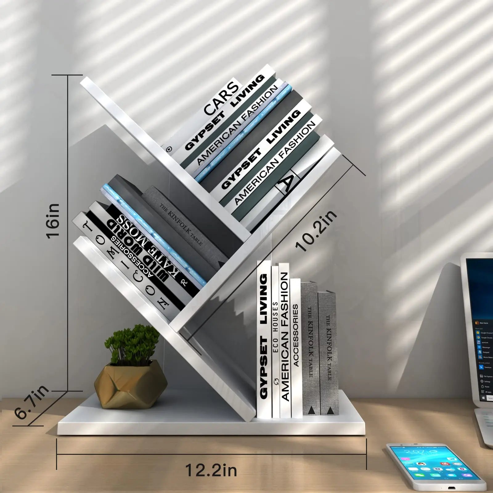 White bookshelf with books and a plant, with dimensions labeled.