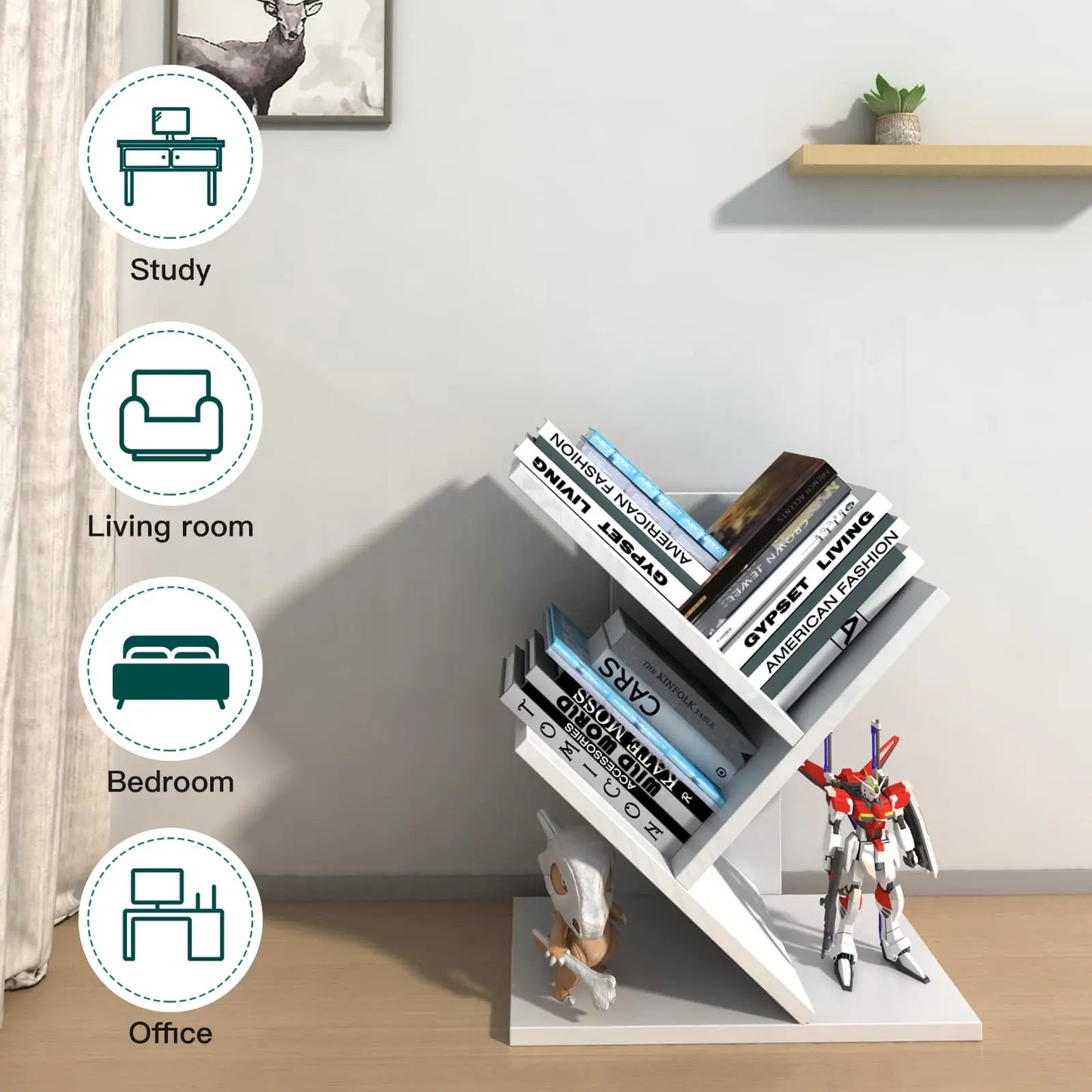 Bookshelf with books and a robot model in a room setting, with icons indicating its use in various rooms.