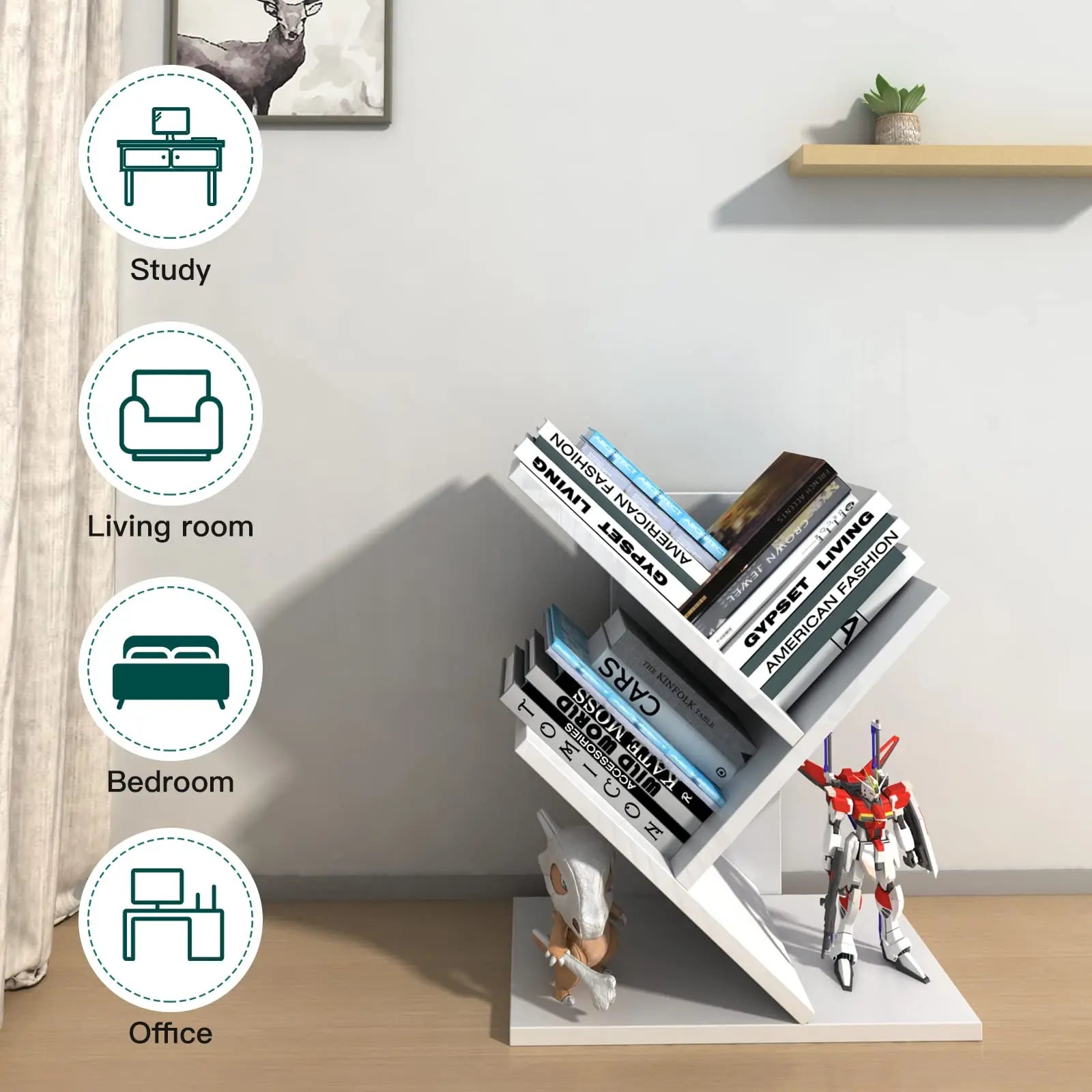 Bookshelf with books and a robot model in a room setting, with icons indicating its use in various rooms.