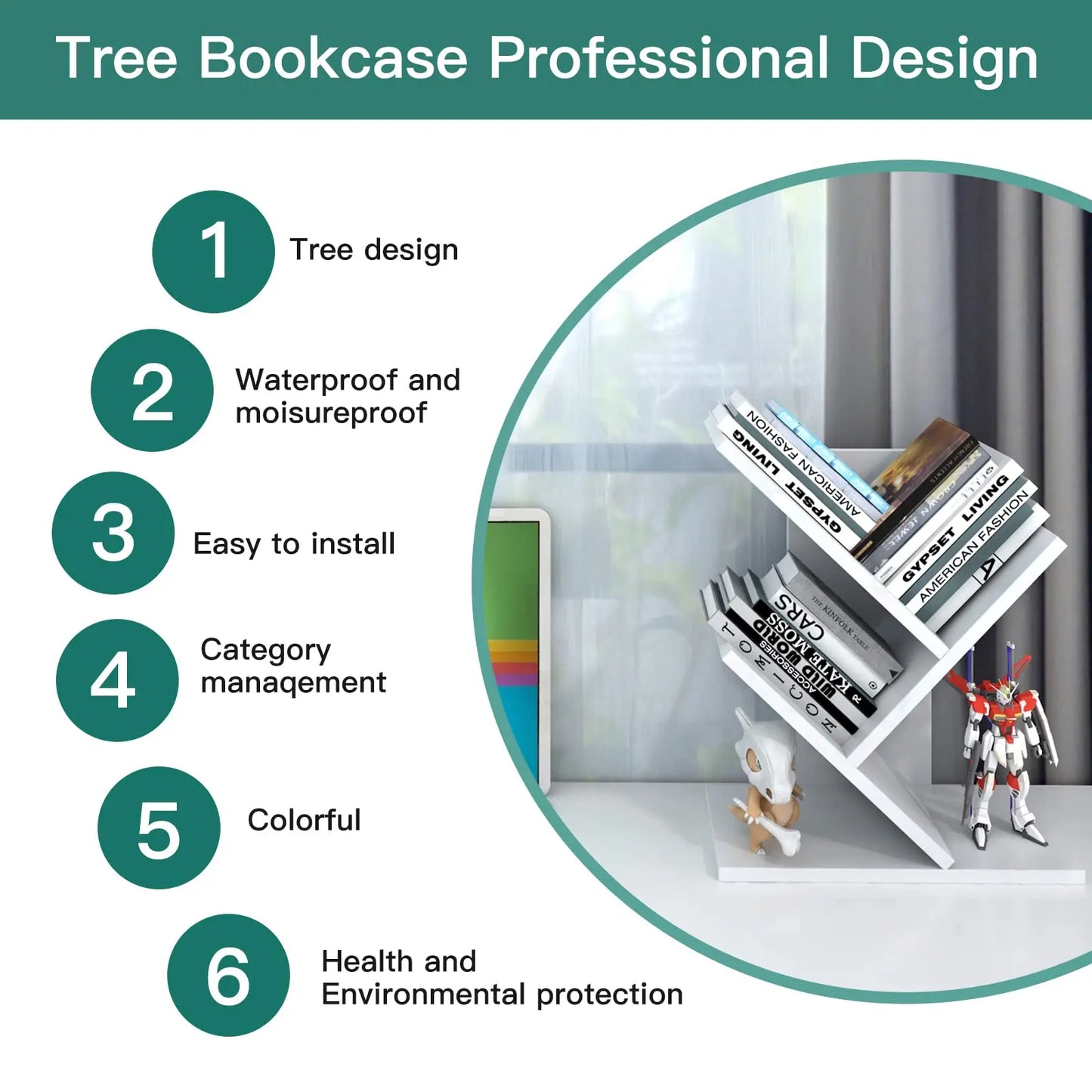 Tree bookcase design with features listed and a close-up of the bookcase.